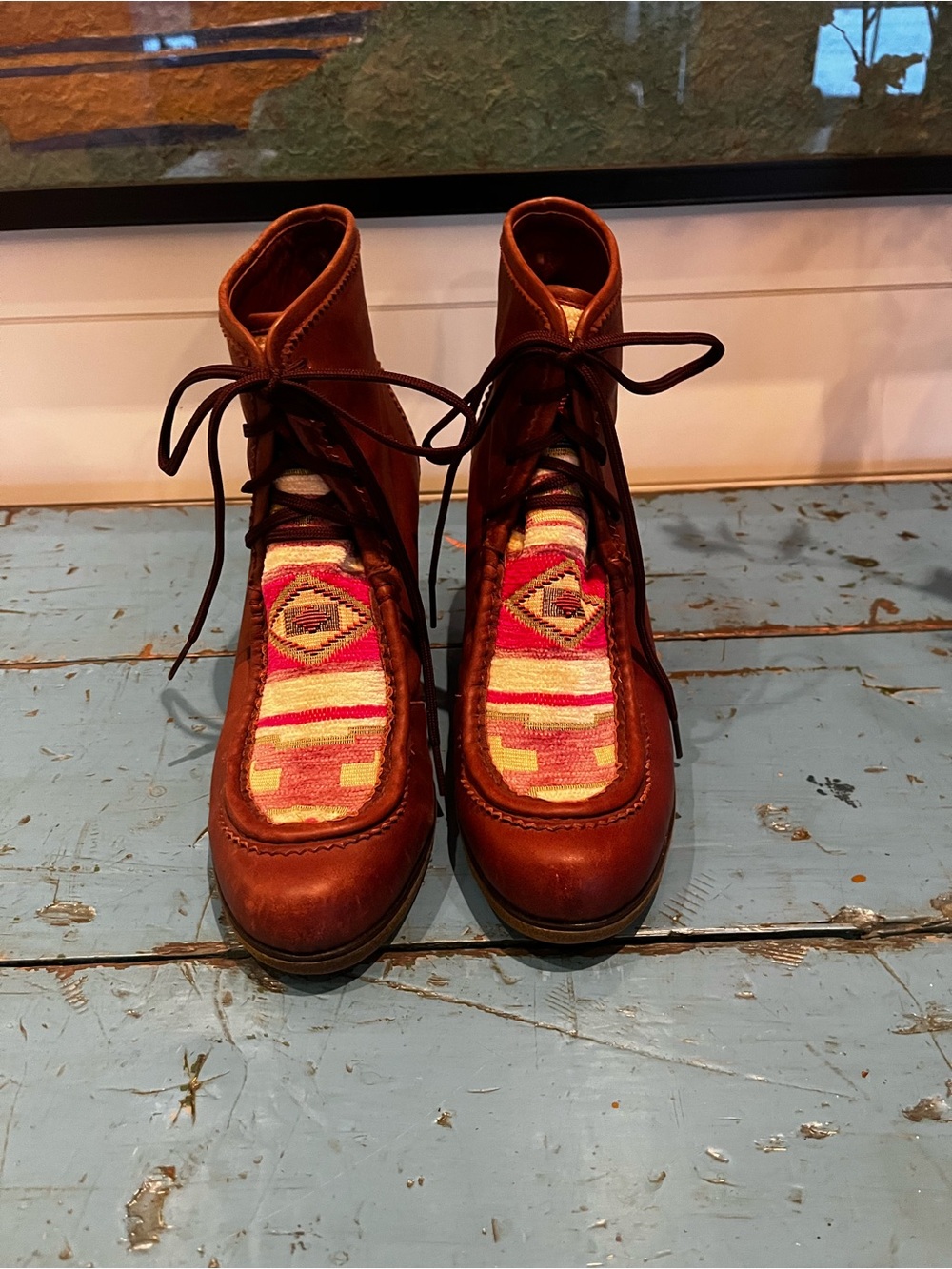 HOLDING HORSES Brown Leather Lace-Up Ankle Boots with Multicolor Textile Inset